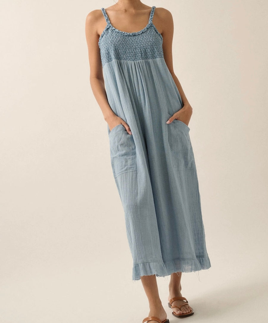 Cotton Smocked Blue Jumpsuit