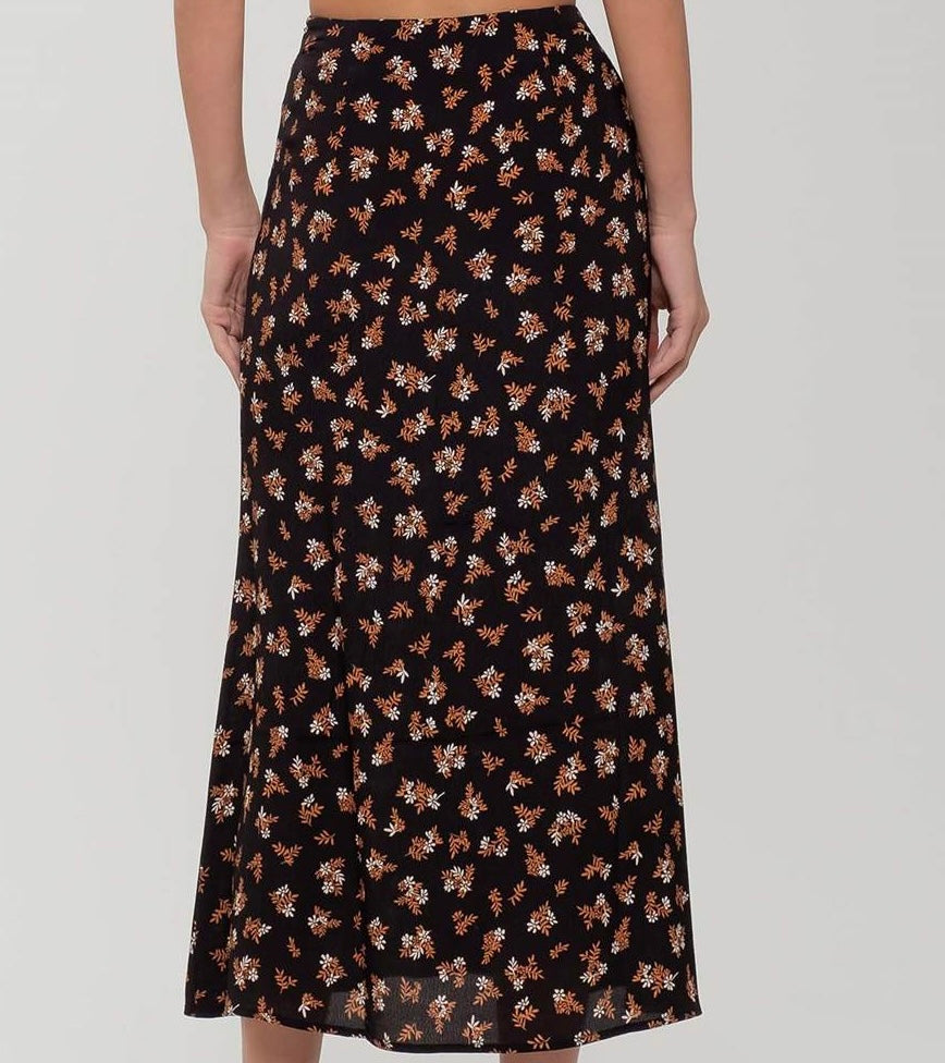 Black Floral Button Front Split Hem Midi Skirt