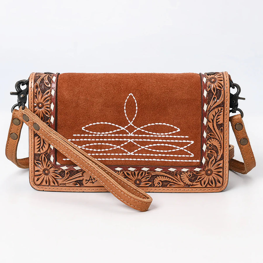 Tan Suede Floral Border Crossbody Bag