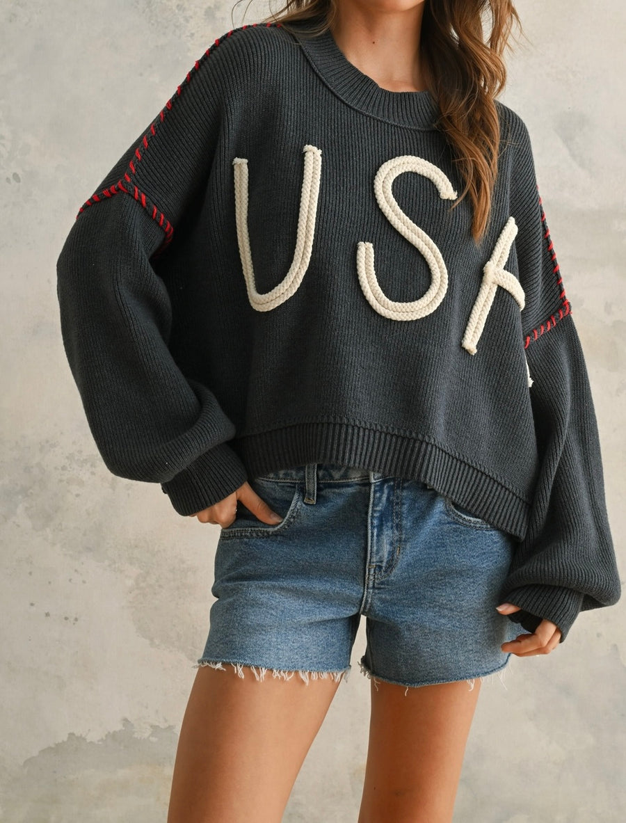 USA Rope Letter Sweater