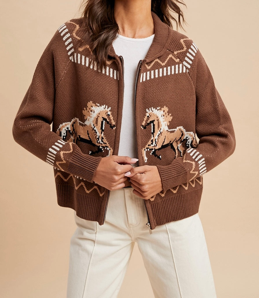 Knitted Western Horse Cotton Cardigan
