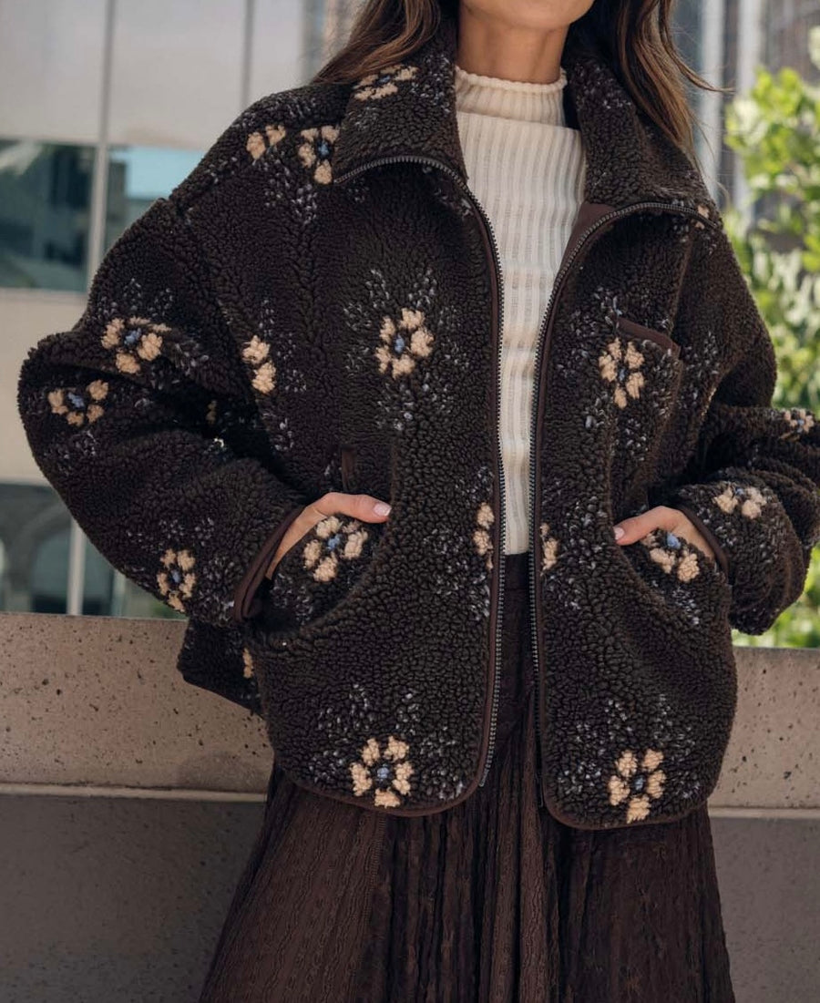 Floral Zip-Up Sherpa Jacket