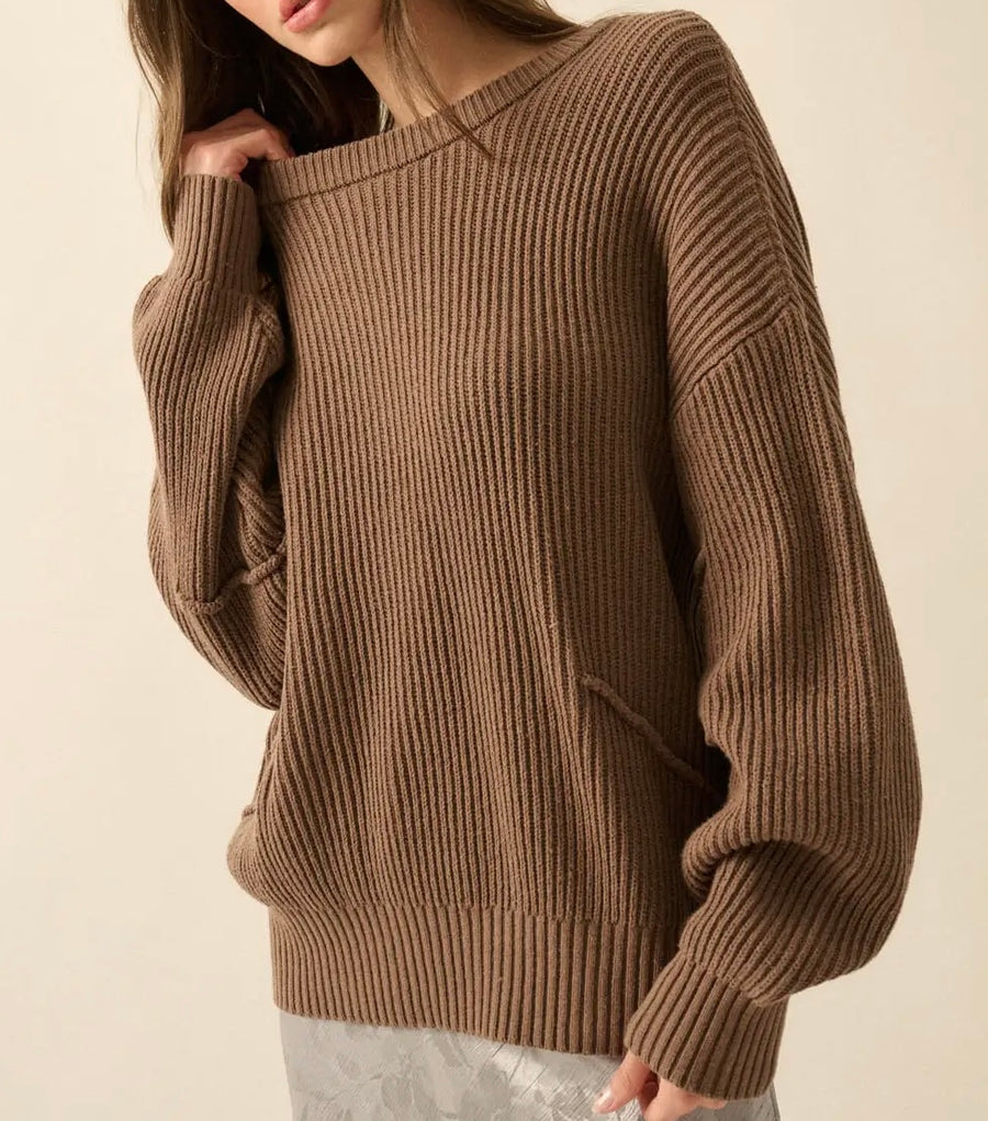 Ribbed Knit Boat Neck Sweater