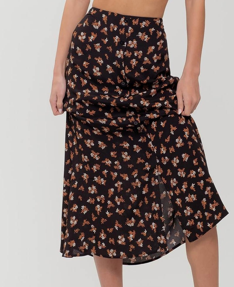 Black Floral Button Front Split Hem Midi Skirt