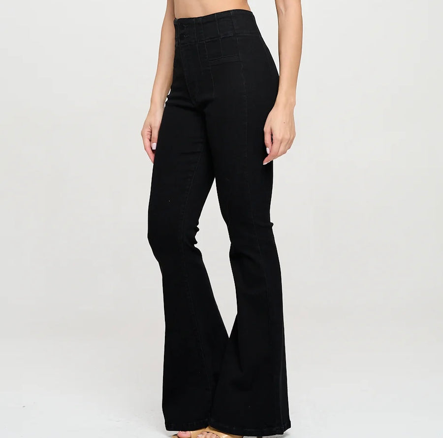 Two Button Black High Rise Flare