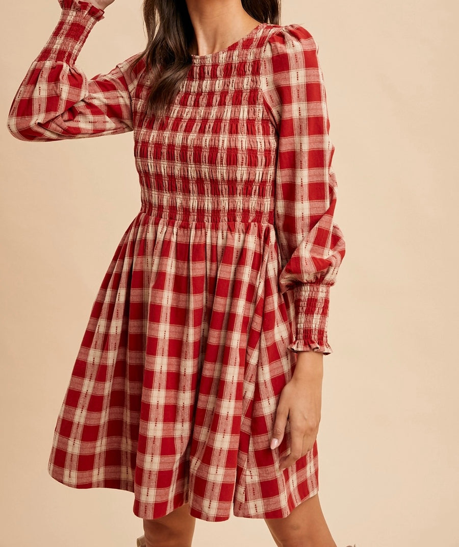Smocked Gingham Mini Dress