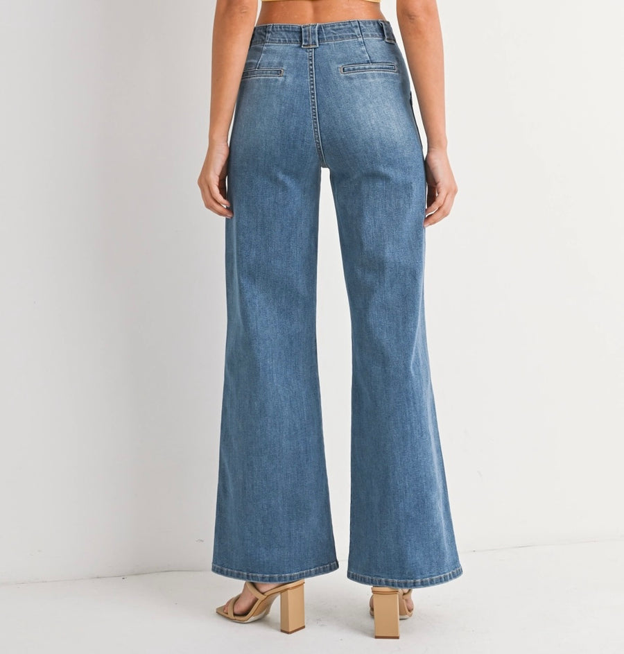 Patch Pocket Wide Leg Flare Jeans