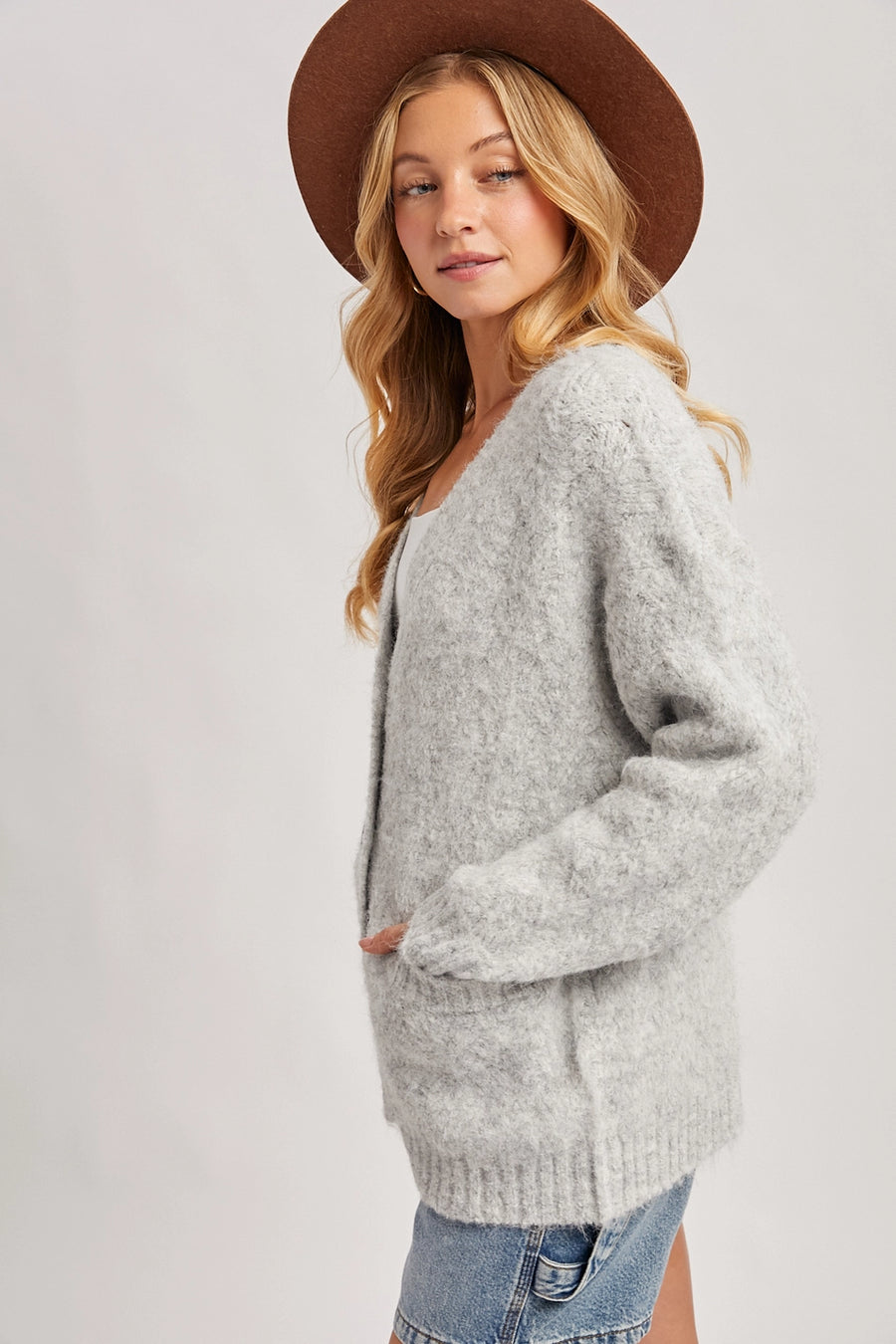 Button Down Fuzzy Heathered Knit Cardigan