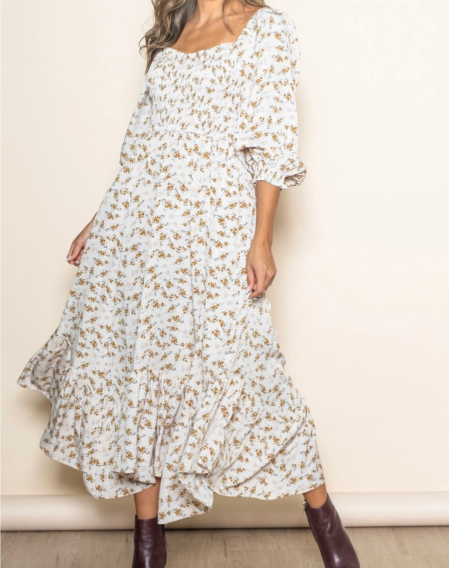 Cream Floral Long Sleeve Smocked Dress