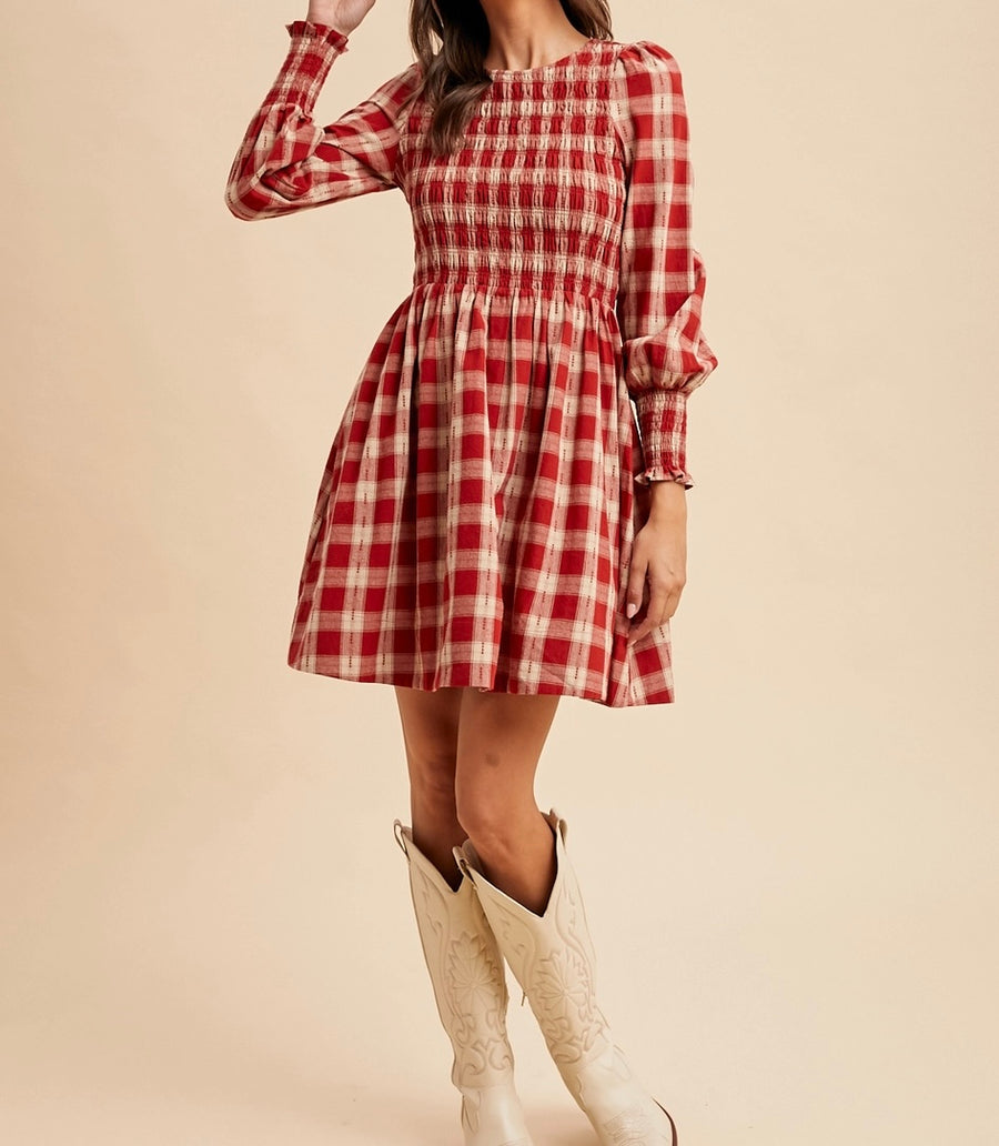 Smocked Gingham Mini Dress