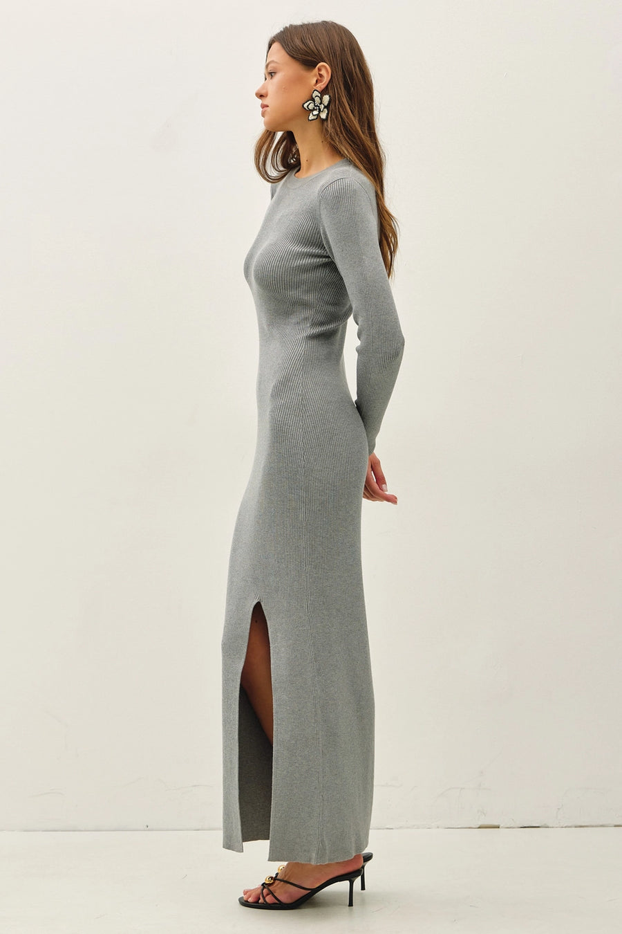Grey Ribbed Fitted Sweater Dress