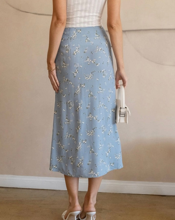 Dusty Blue Floral Button Down Midi Skirt