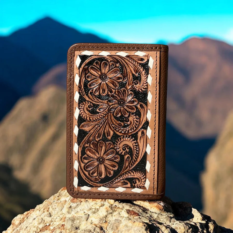 Floral Tooled Leather & Cowhide Trifold Wallet