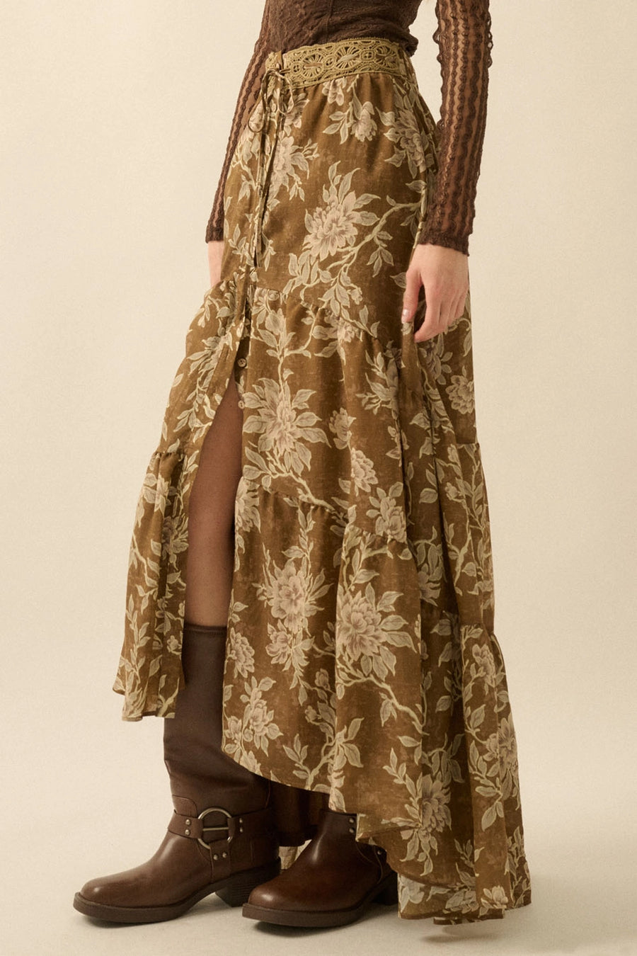 Button Front Tiered Floral Skirt