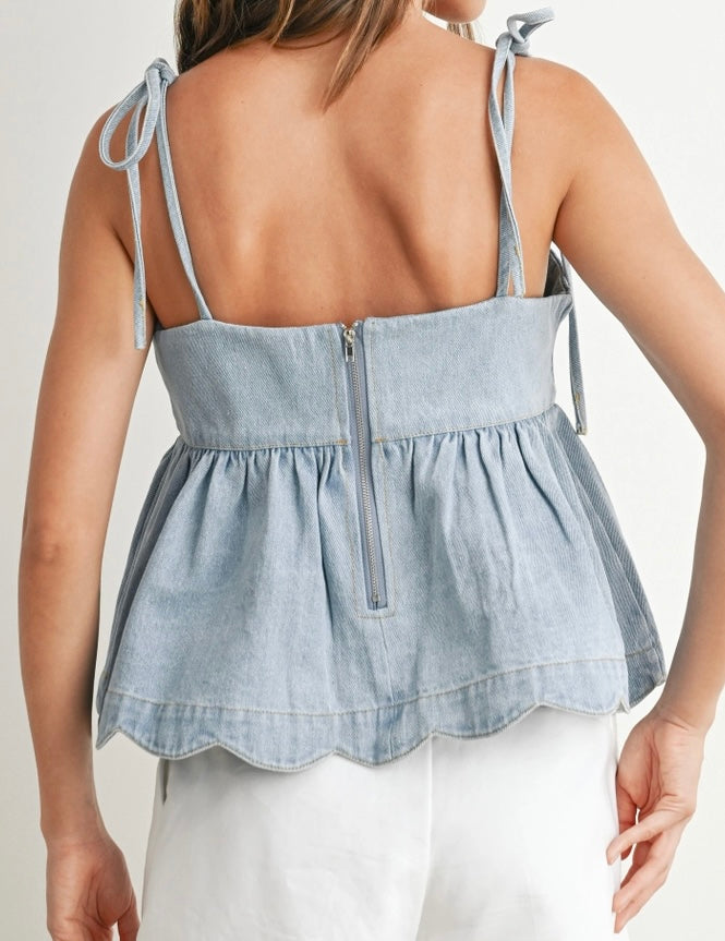 Denim Tie Strap Peplum Top