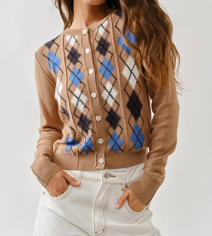 Relaxed Fit Argyle Sweater Cardigan