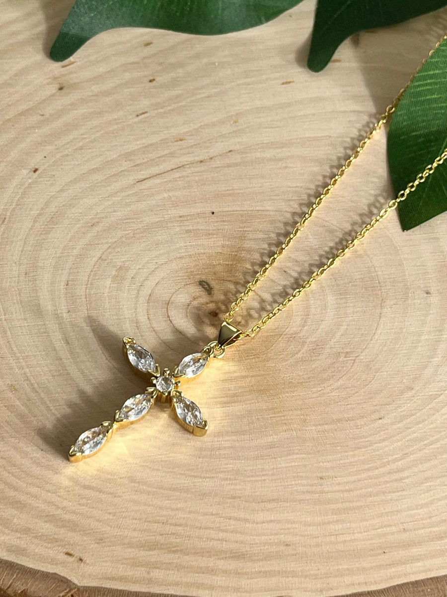 Saved Gold Necklace: 18K Gold-Filled Crystal Cross Pendant