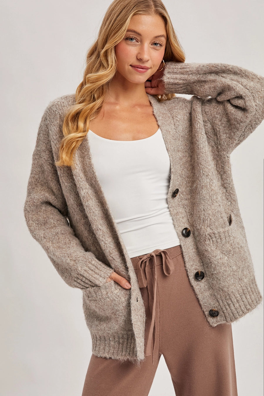 Button Down Fuzzy Heathered Knit Cardigan