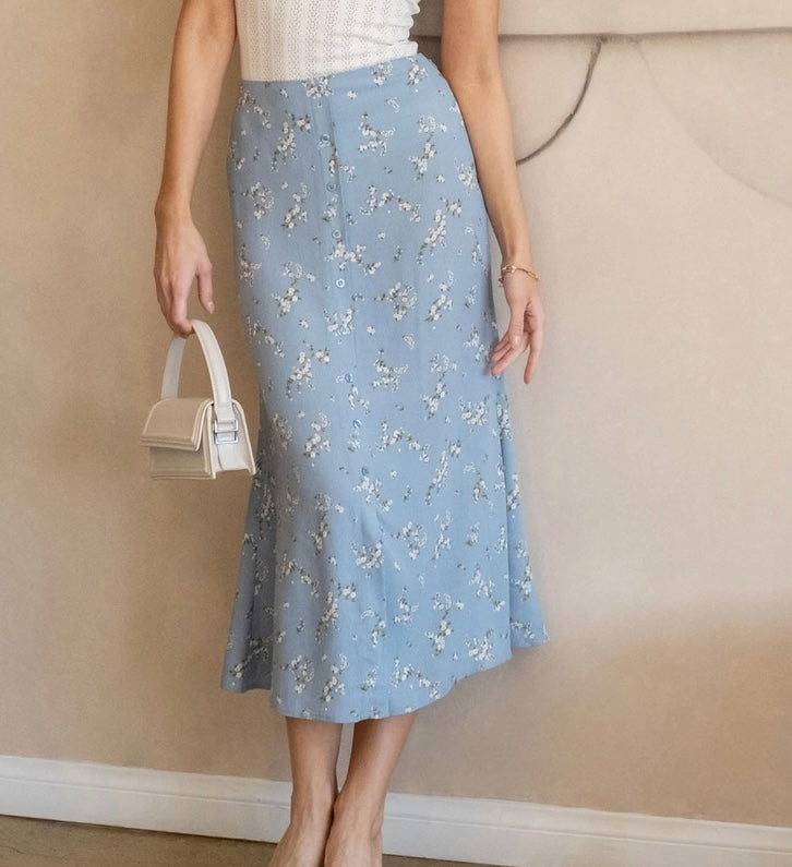 Dusty Blue Floral Button Down Midi Skirt