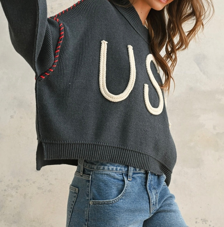 USA Rope Letter Sweater