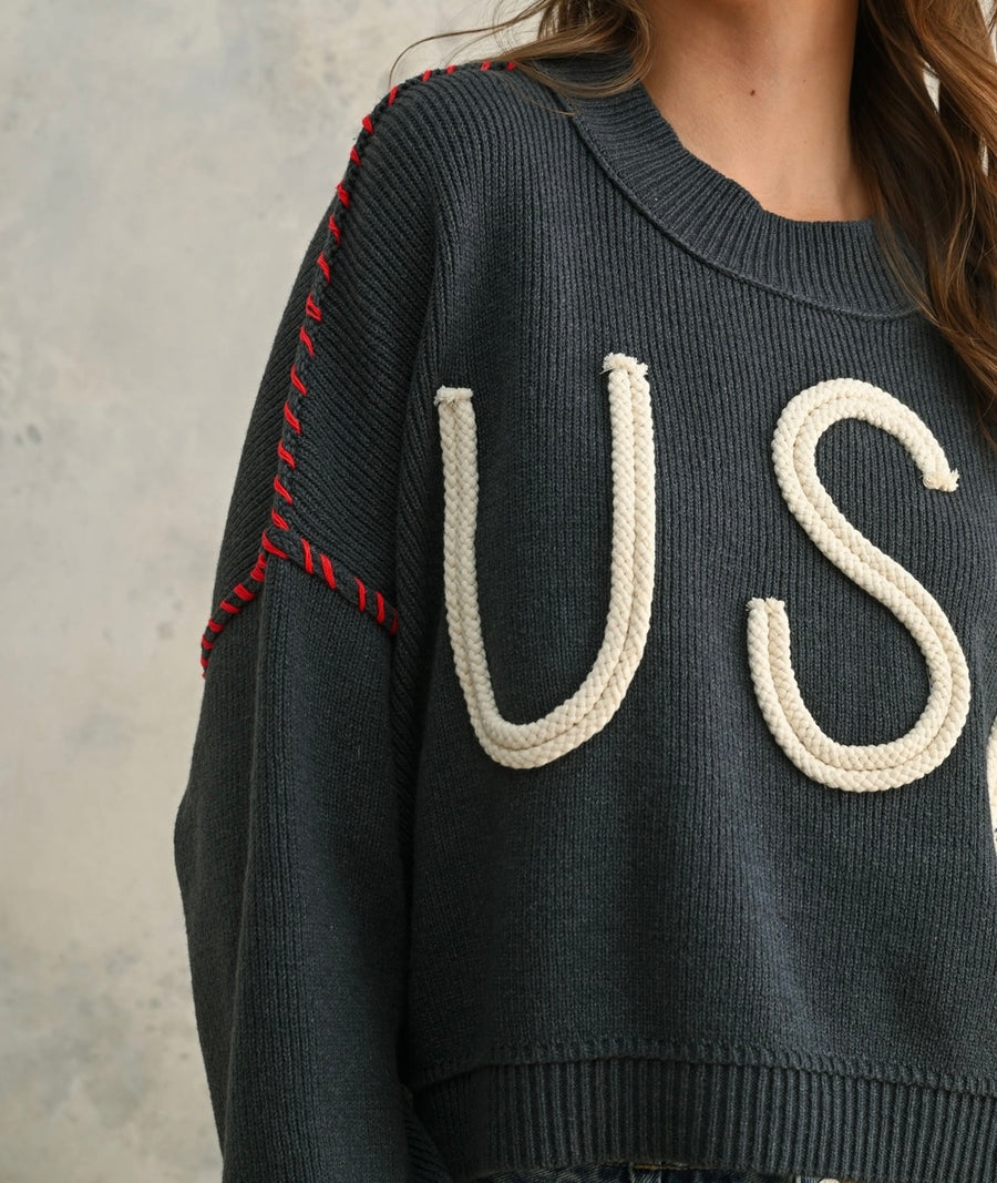 USA Rope Letter Sweater