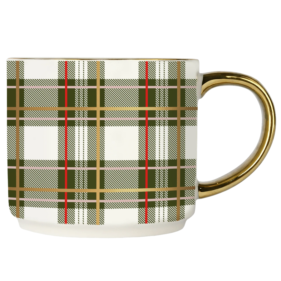 Dark Green Plaid Gold Handle Mug