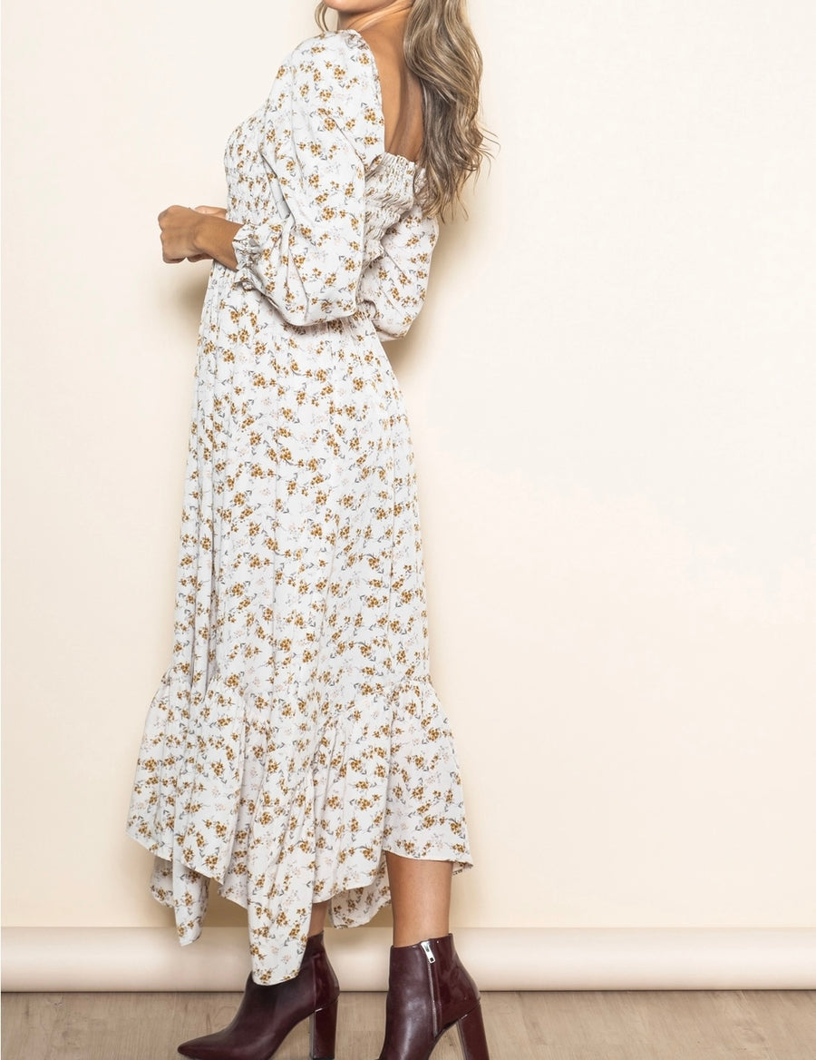 Cream Floral Long Sleeve Smocked Dress