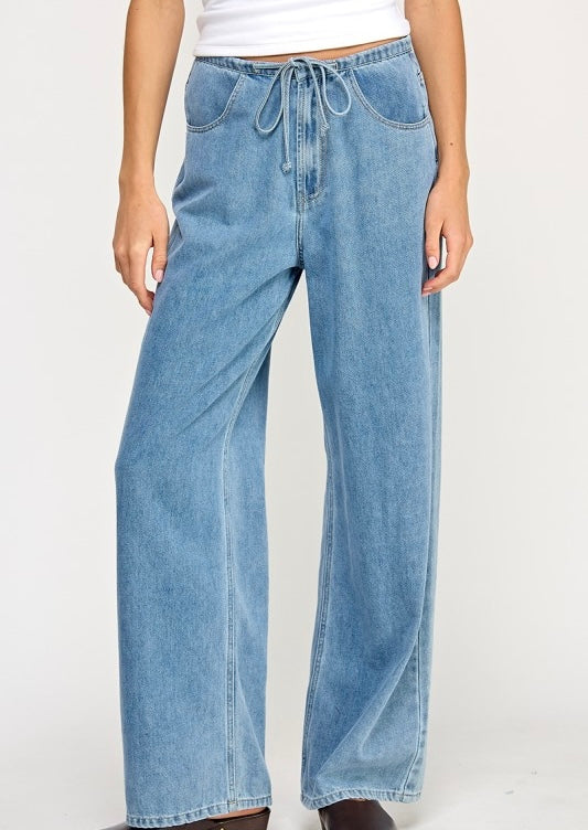 High Rise Drawstring Wide Leg Denim Pants