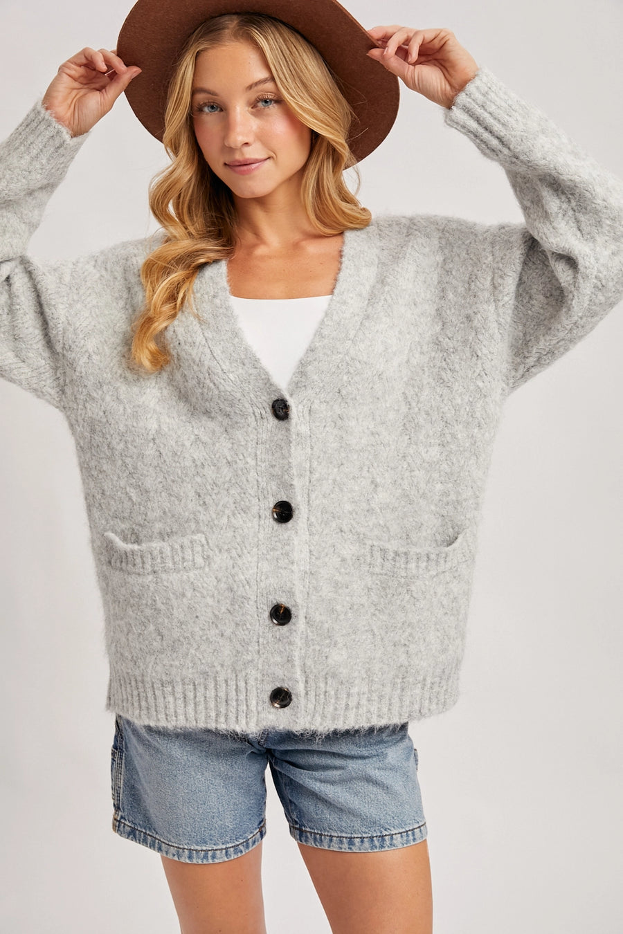 Button Down Fuzzy Heathered Knit Cardigan
