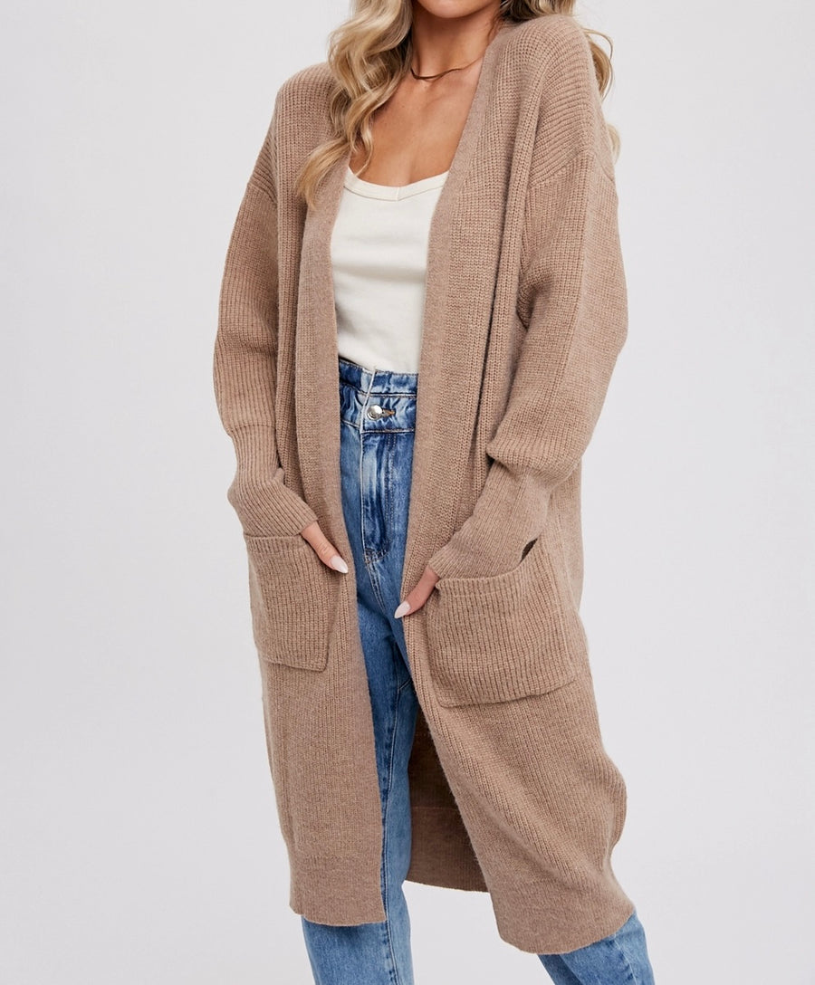 Ribbed Open Front Cardigan-Latte