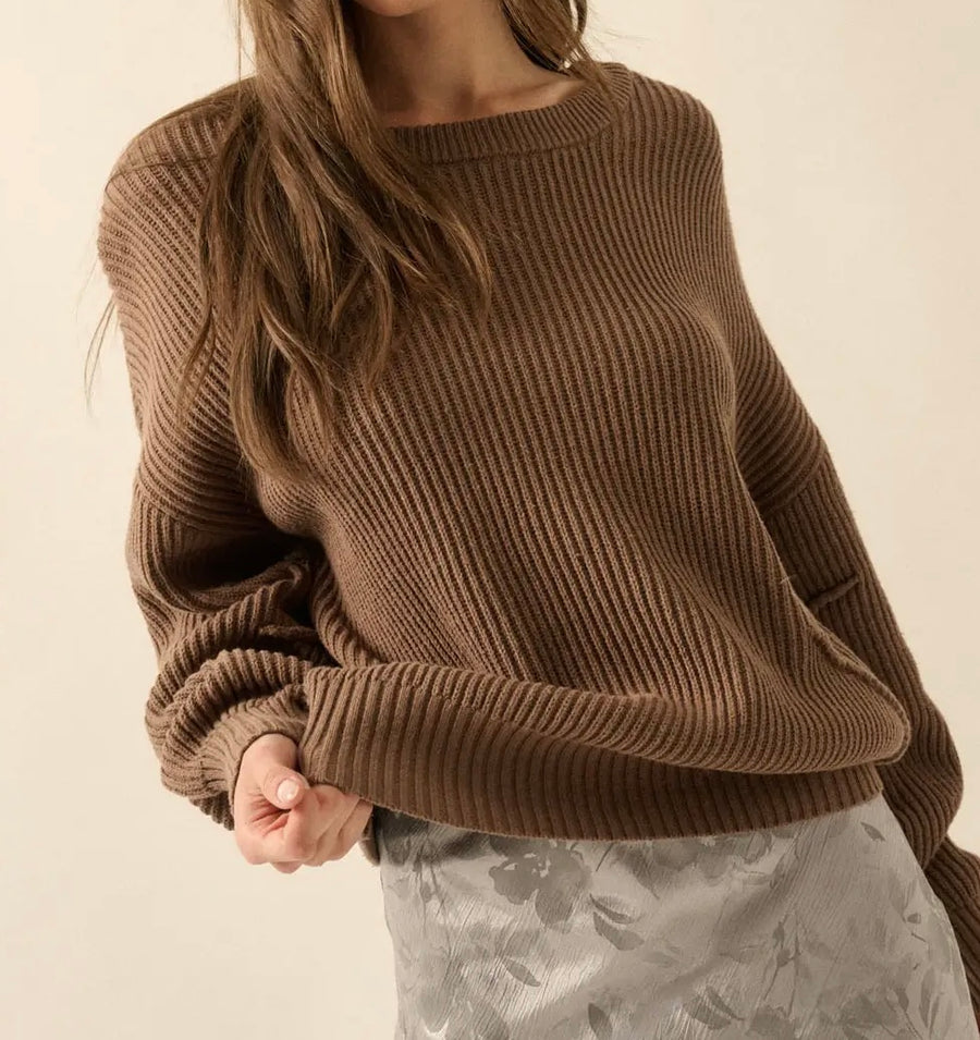 Ribbed Knit Boat Neck Sweater
