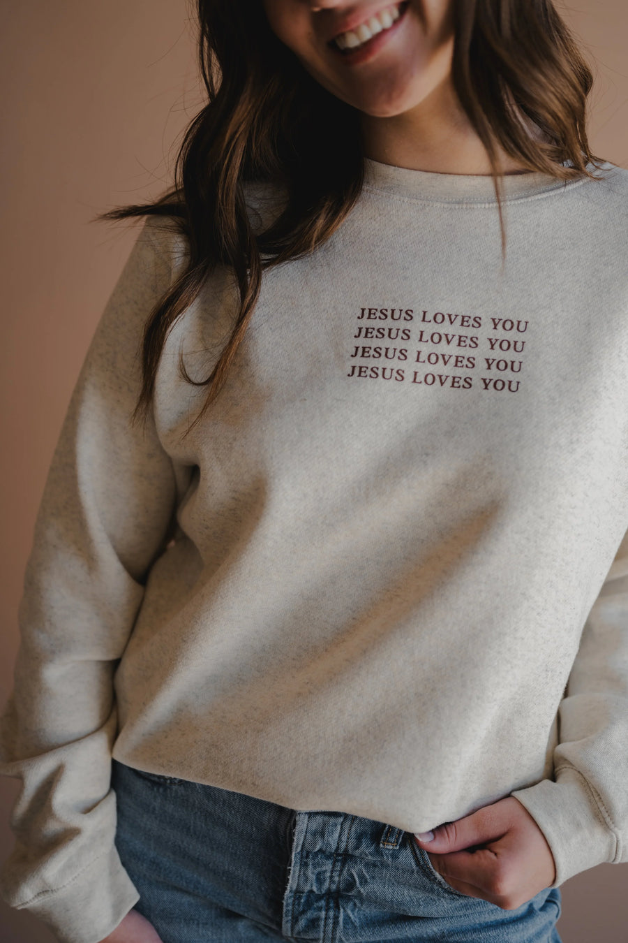 Jesus Loves You Crewneck | Heather Oatmeal