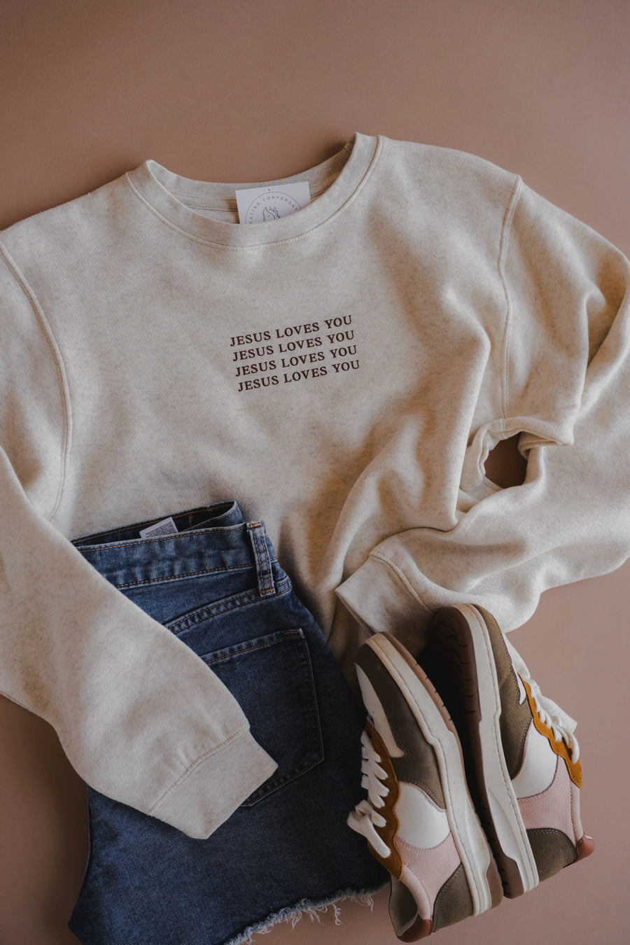 Jesus Loves You Crewneck | Heather Oatmeal