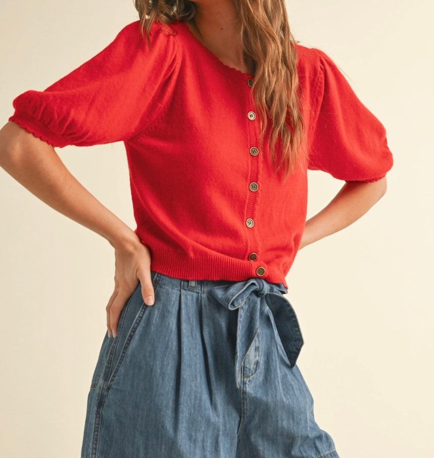 Puff Short Sleeve Button Down Knit Cardigan