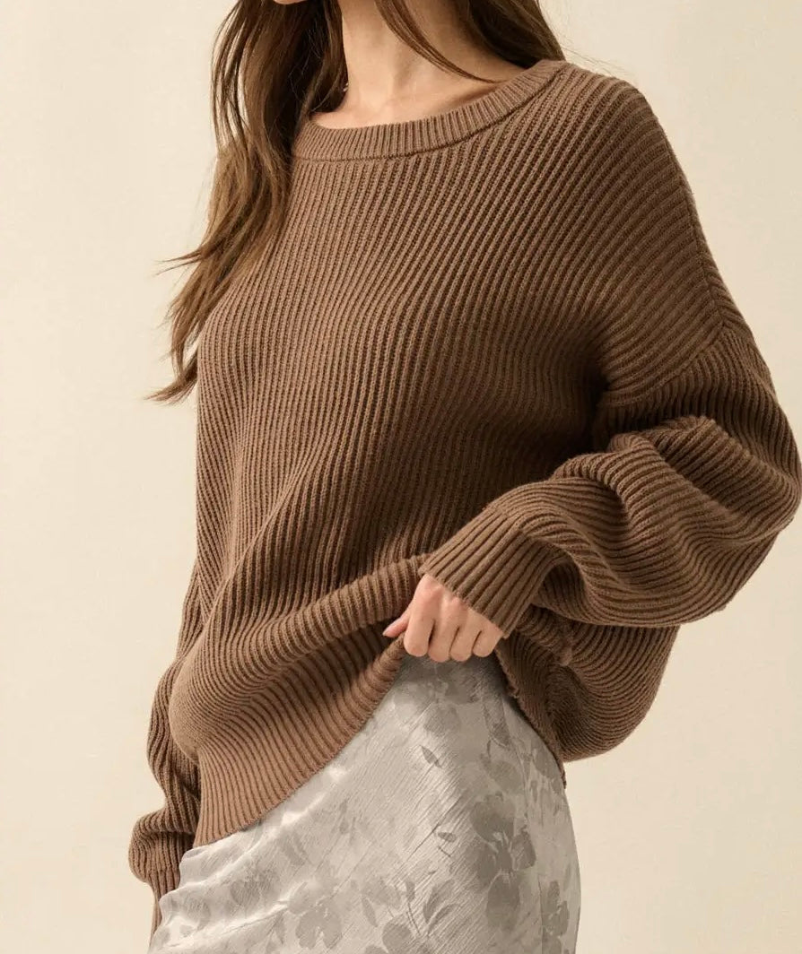 Ribbed Knit Boat Neck Sweater