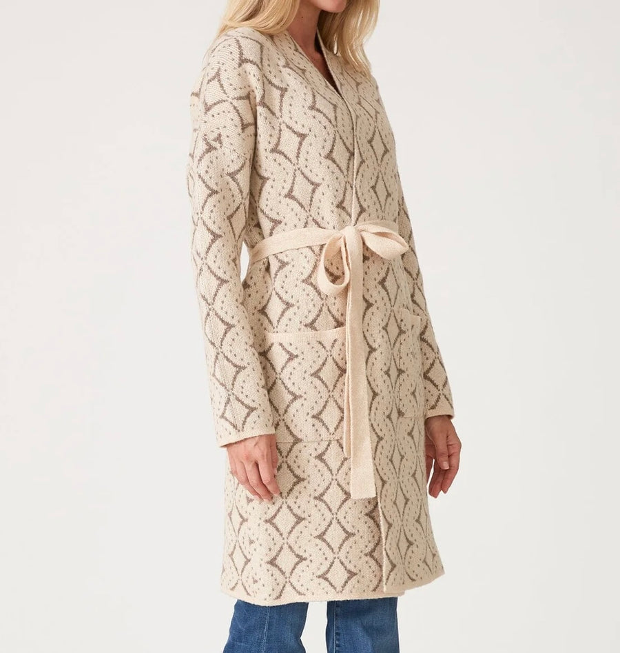 Western Diamond Jacquard Belted Cardigan- Natural