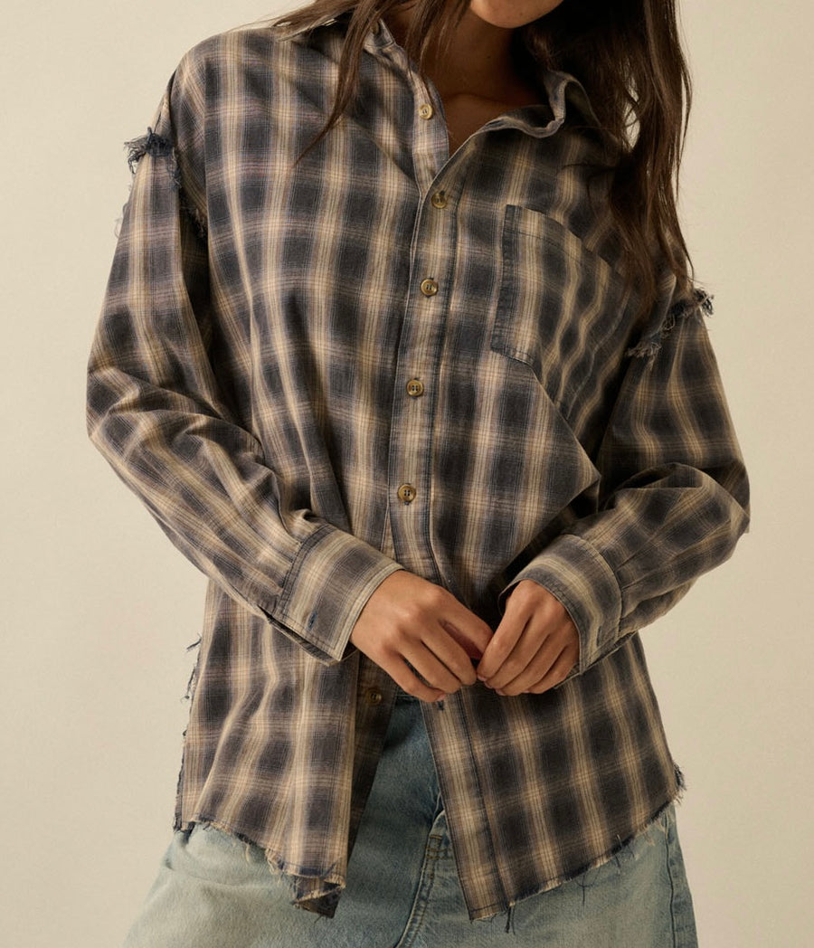 Raw Edge Plaid Oversized Flannel