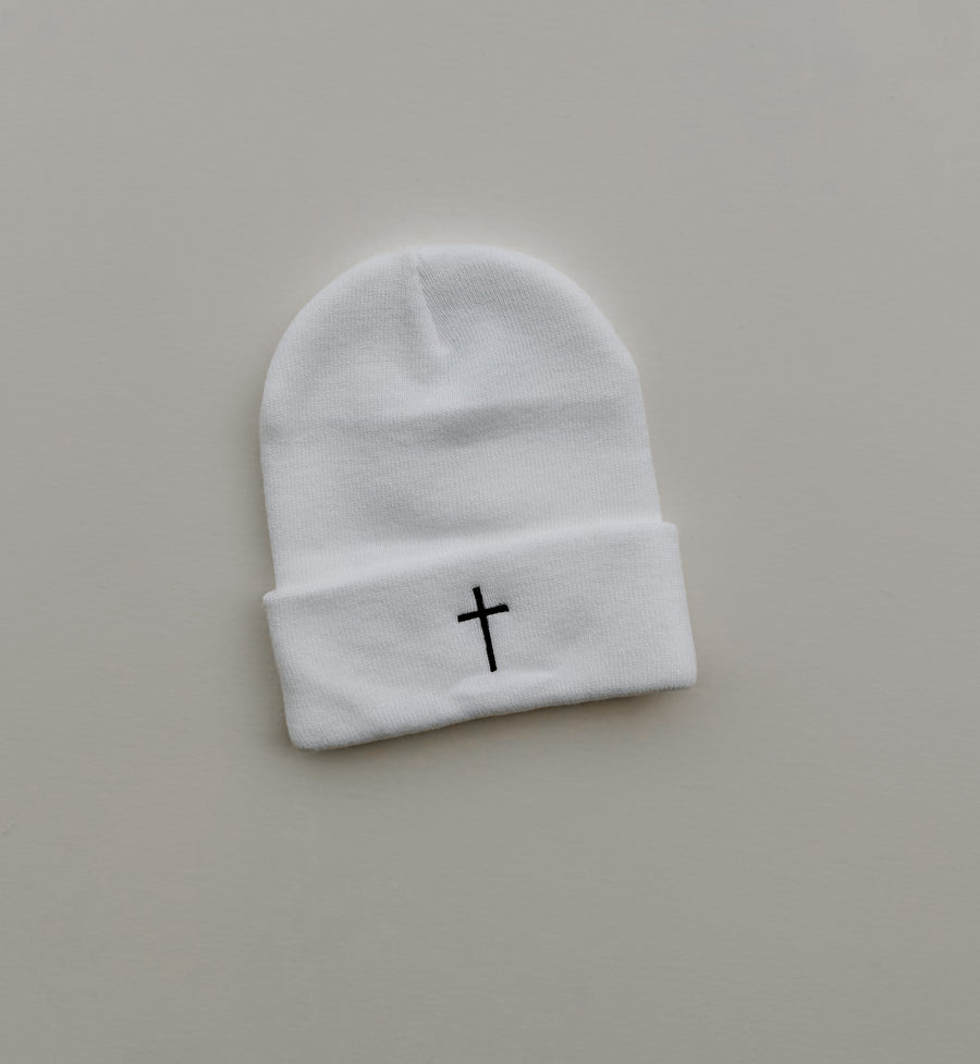 Embroidered Cross Knit Beanie