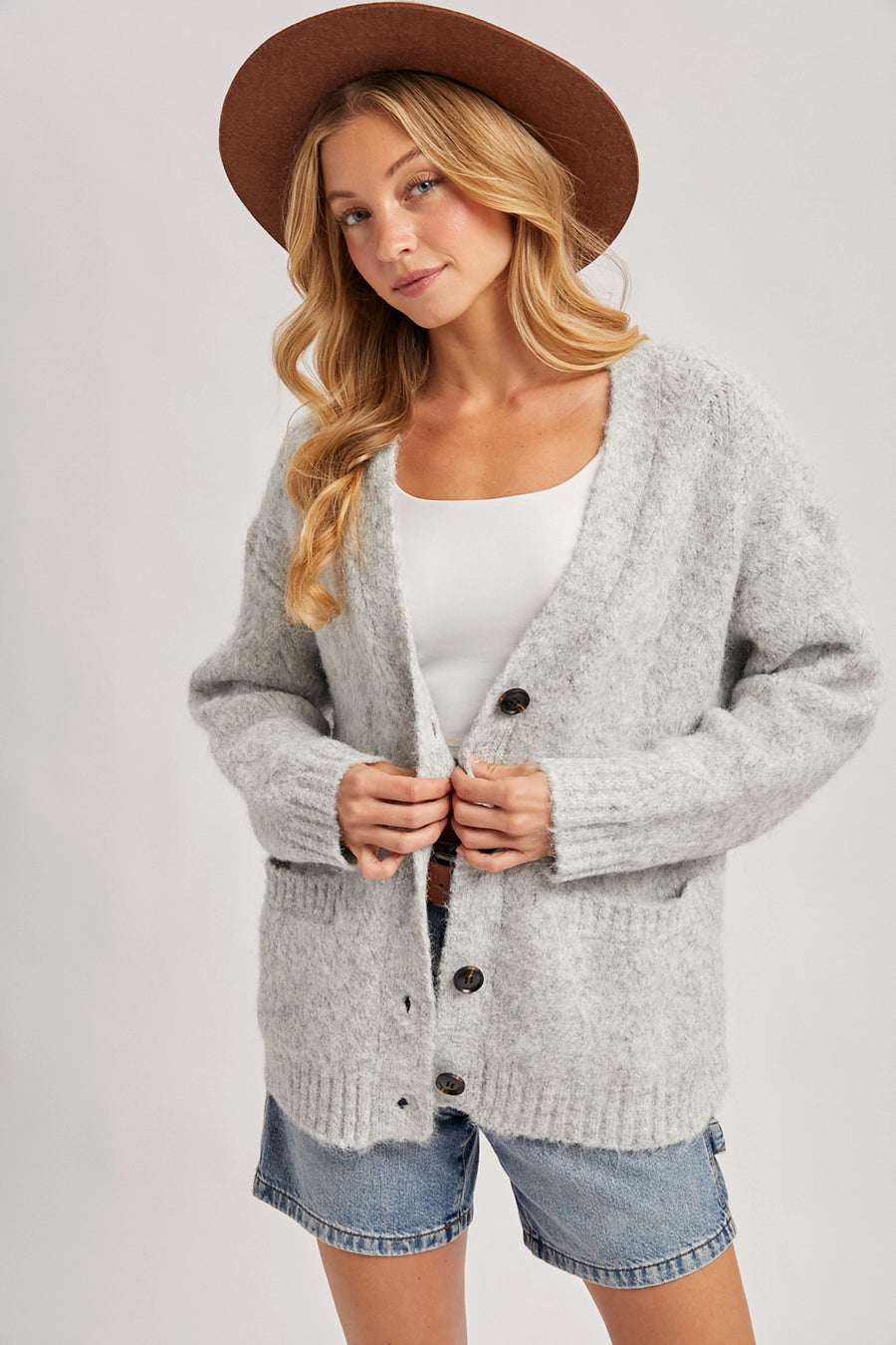 Button Down Fuzzy Heathered Knit Cardigan