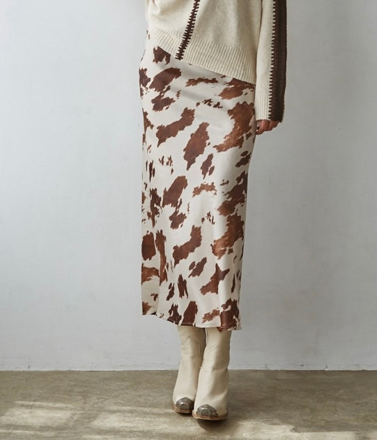 Cow Print Satin Midi Skirt
