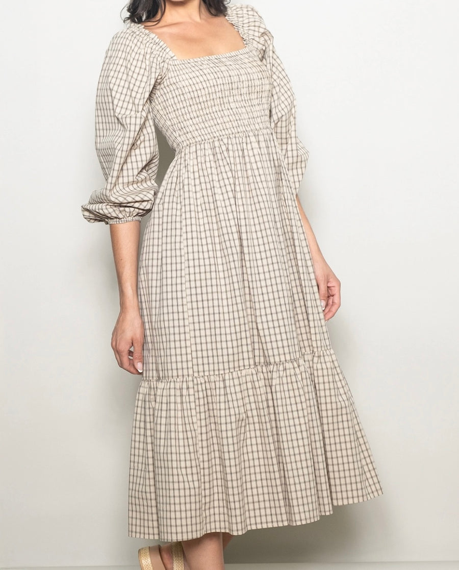 Rustic Plaid Smocked Square Neck Dress