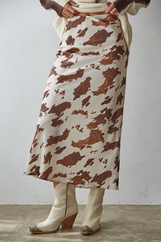 Cow Print Satin Midi Skirt