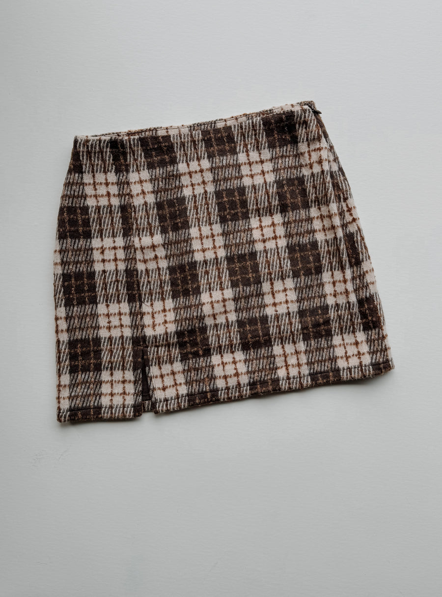 Wool Plaid Slit Mini Skirt
