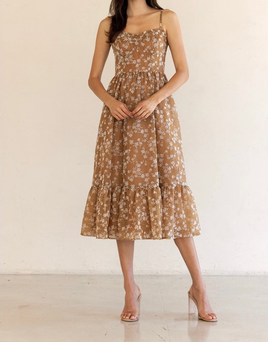Bustier Top Floral Ruffle Midi Dress