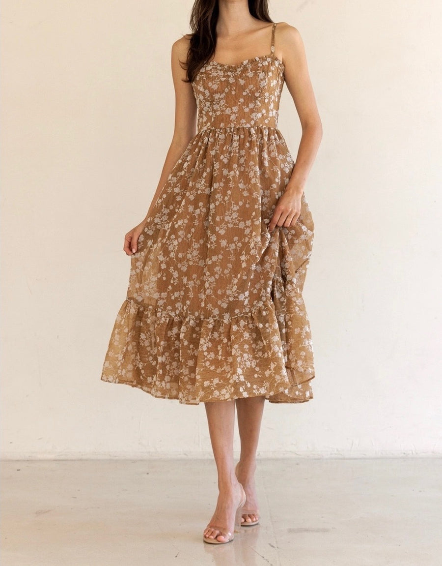 Bustier Top Floral Ruffle Midi Dress