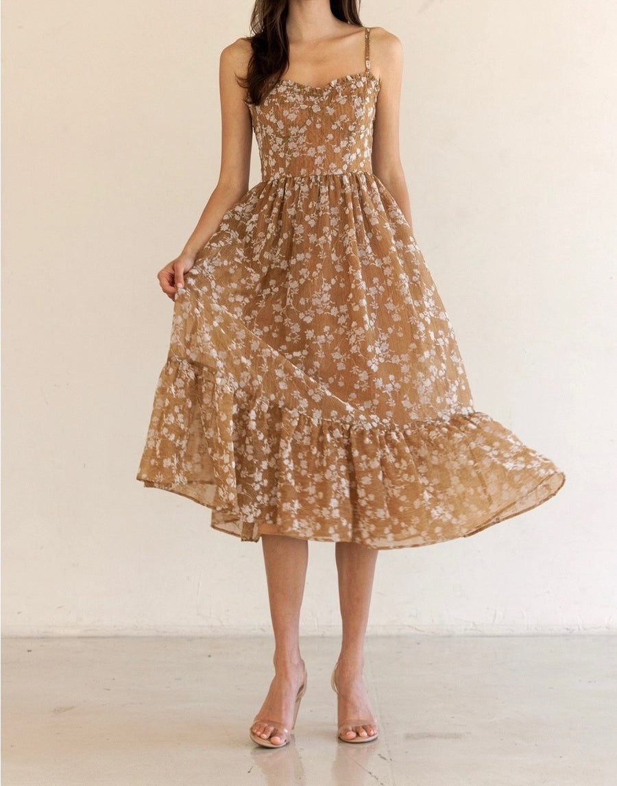 Bustier Top Floral Ruffle Midi Dress