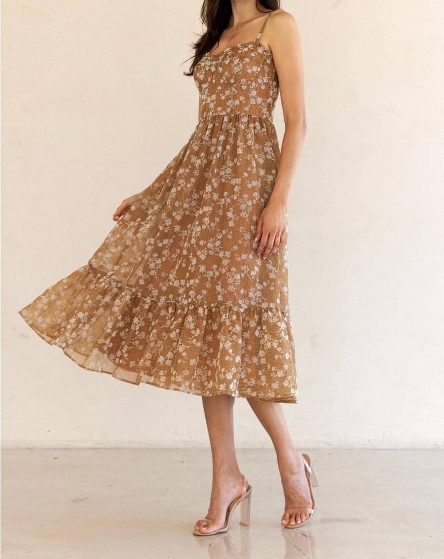 Bustier Top Floral Ruffle Midi Dress