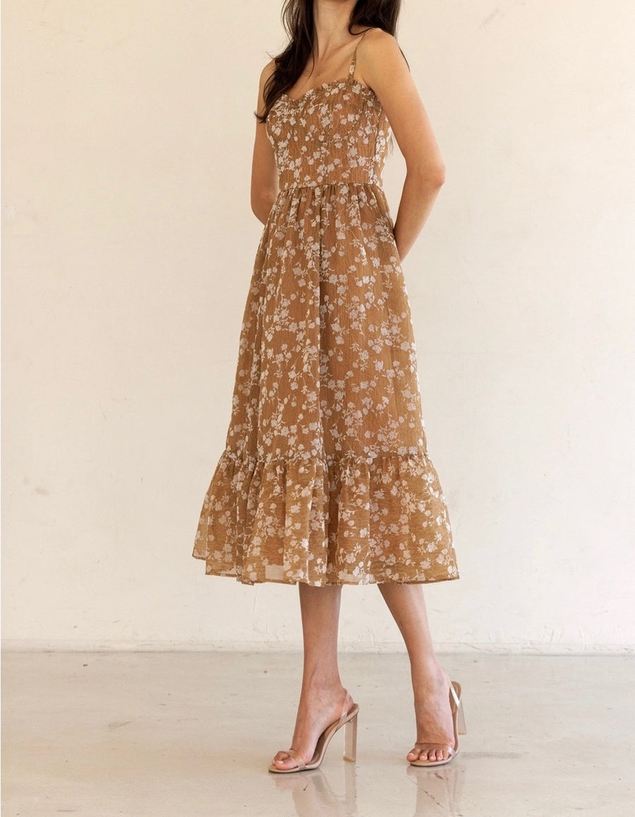 Bustier Top Floral Ruffle Midi Dress