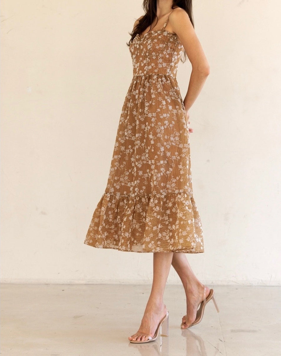 Bustier Top Floral Ruffle Midi Dress