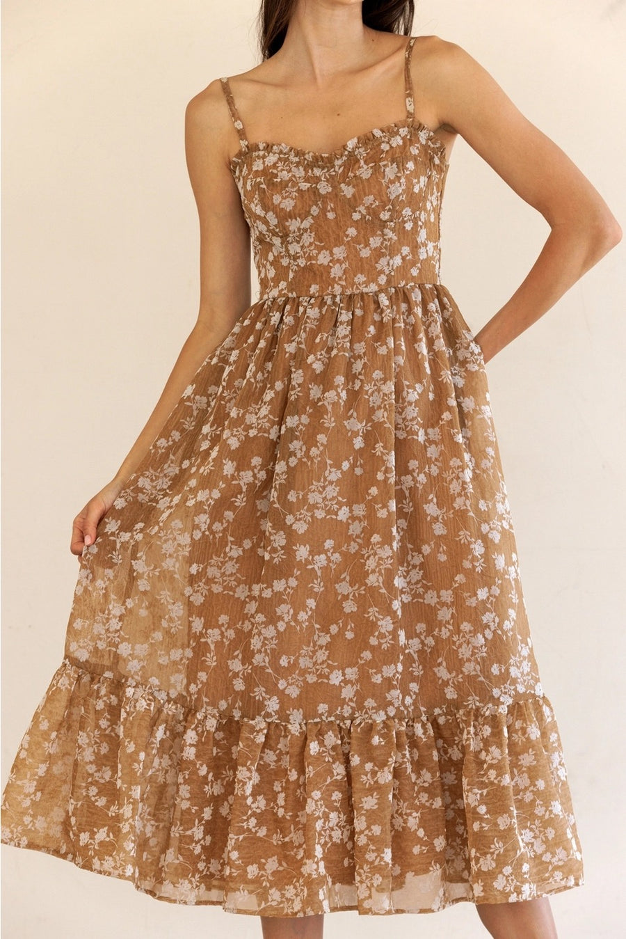 Bustier Top Floral Ruffle Midi Dress
